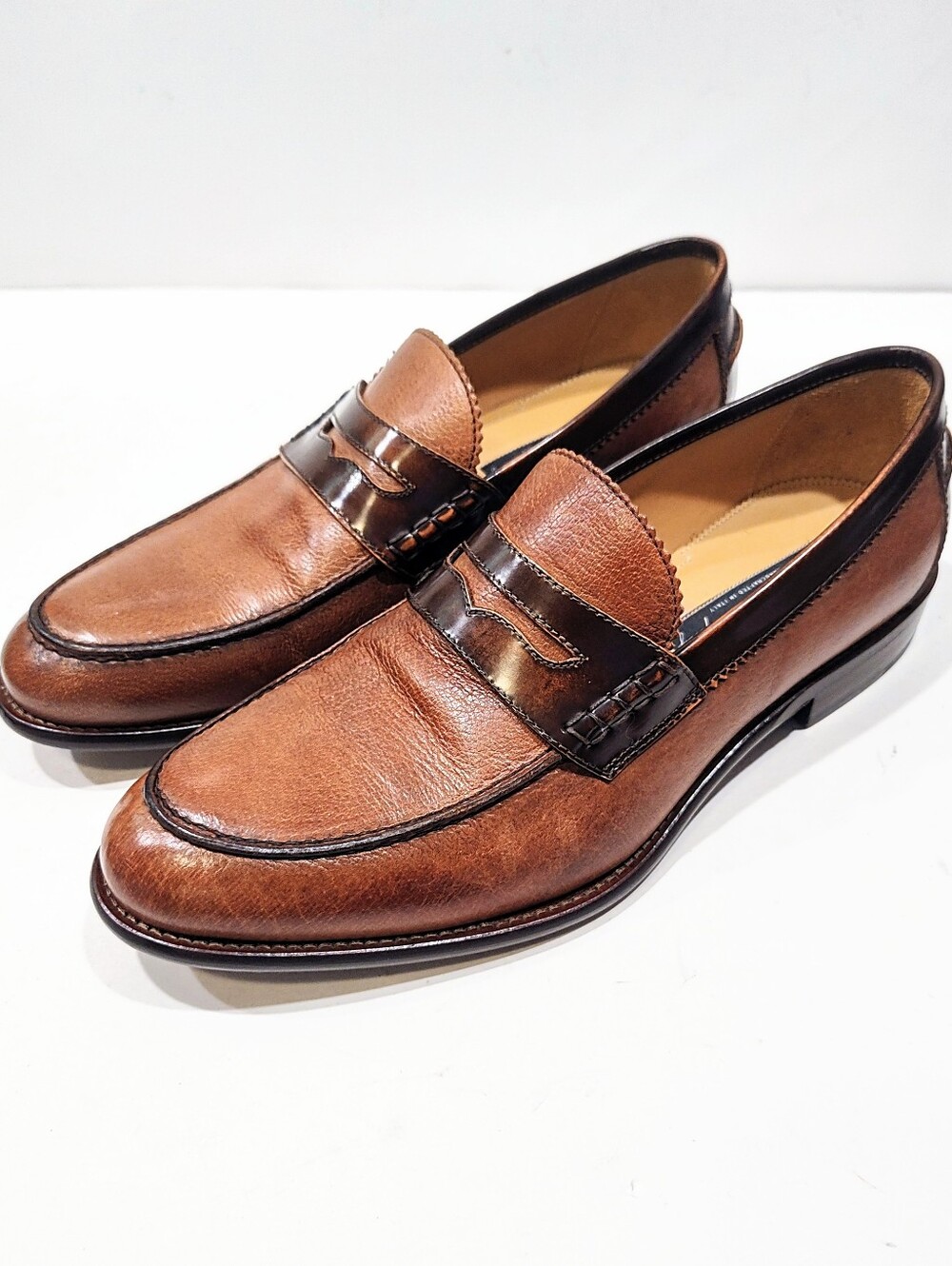 Johnston & Murphy Penny Loafers Men 10.5 M Cognac Brown Leather Made In Italy